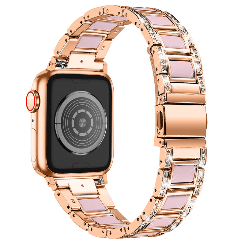 for Apple Watch Ultra 49mm / Series 8 45mm / Series 7 45mm / SE 44mm / SE (2022) 44mm / Series 6 / 5 / 4 44mm / Series 3 / 2 / 1 42mm Resin Stainless Steel Smart Watch Band Rhinestone Decor Wrist Strap - Rose Gold / Pink