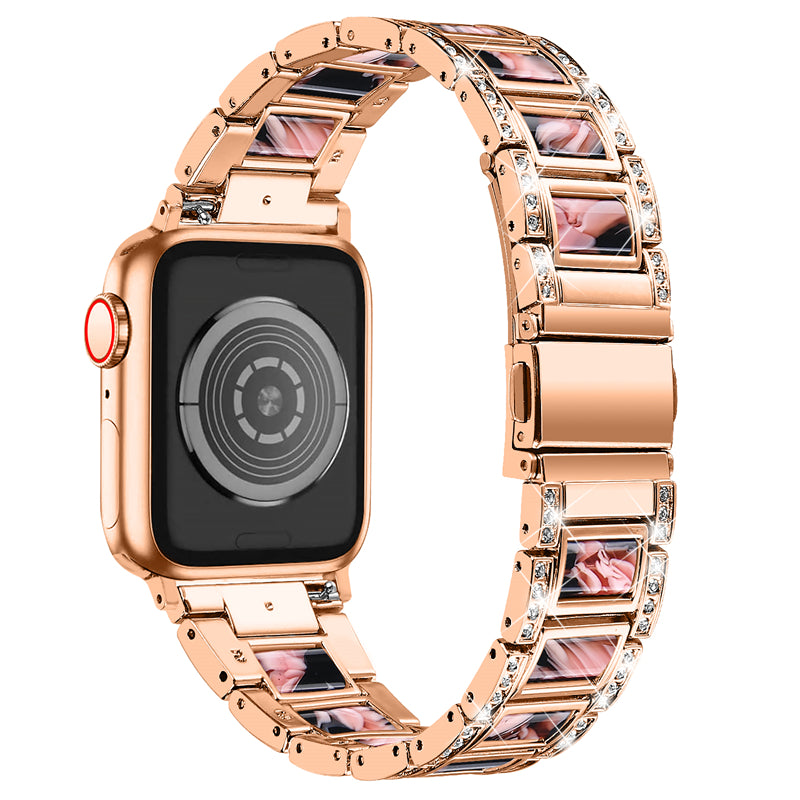 for Apple Watch Ultra 49mm / Series 8 45mm / Series 7 45mm / SE 44mm / SE (2022) 44mm / Series 6 / 5 / 4 44mm / Series 3 / 2 / 1 42mm Resin Stainless Steel Smart Watch Band Rhinestone Decor Wrist Strap - Rose Gold / Black Pink Mix