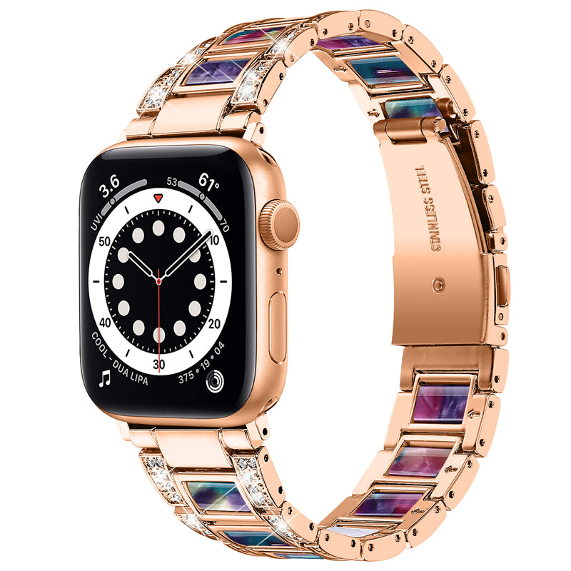 for Apple Watch Ultra 49mm / Series 8 45mm / Series 7 45mm / SE 44mm / SE (2022) 44mm / Series 6 / 5 / 4 44mm / Series 3 / 2 / 1 42mm Resin Stainless Steel Smart Watch Band Rhinestone Decor Wrist Strap - Rose Gold / Purple Green Mix