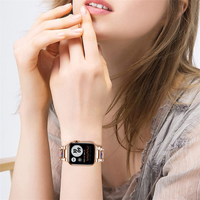 for Apple Watch Ultra 49mm / Series 8 45mm / Series 7 45mm / SE 44mm / SE (2022) 44mm / Series 6 / 5 / 4 44mm / Series 3 / 2 / 1 42mm Resin Stainless Steel Smart Watch Band Rhinestone Decor Wrist Strap - Rose Gold / Purple Green Mix