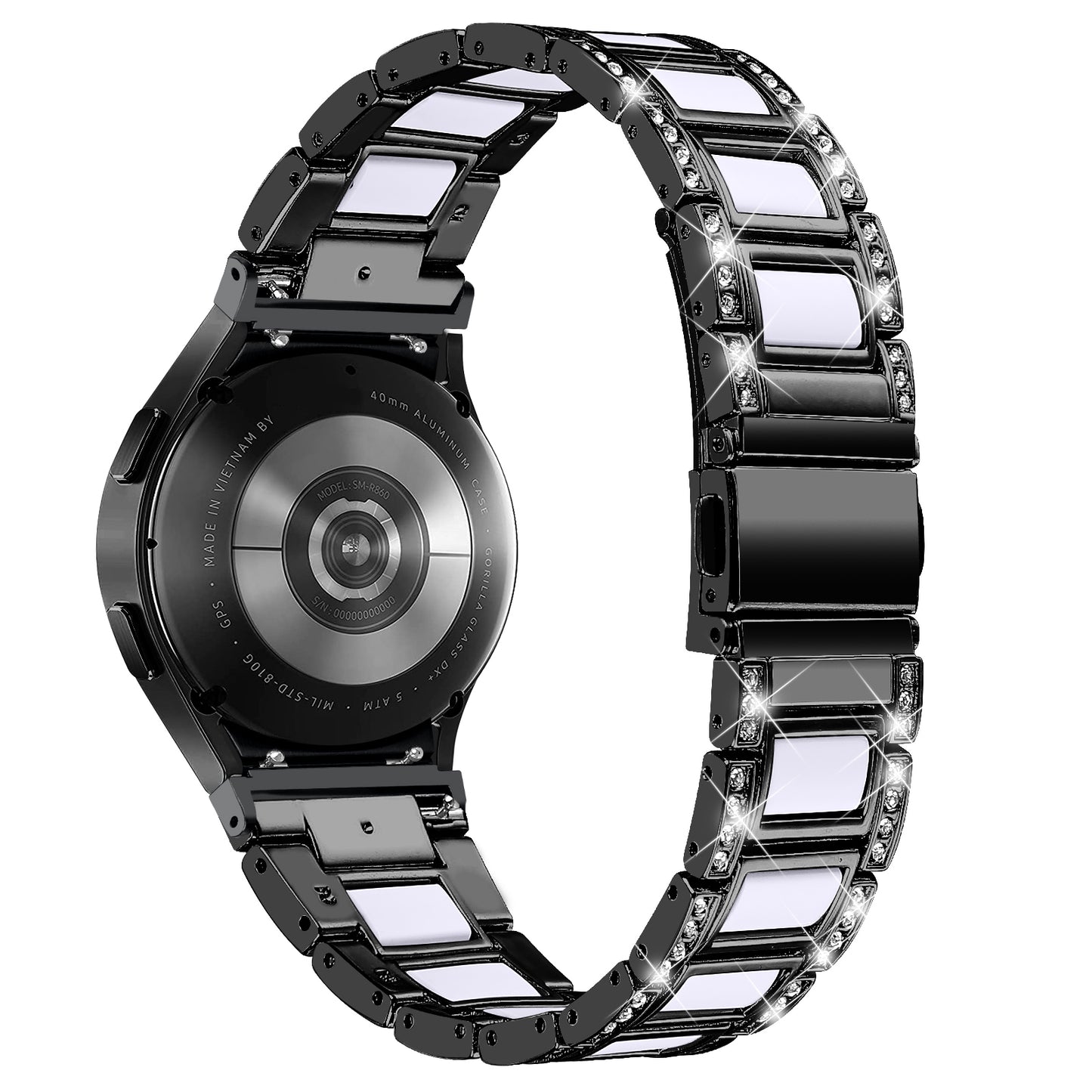for Samsung Galaxy Watch4 Active 40mm/44mm/Watch4 Classic 42mm/46mm Rhinestone Decor Stainless Steel Resin Watch Band with Watch Strap Adapter - Black/White