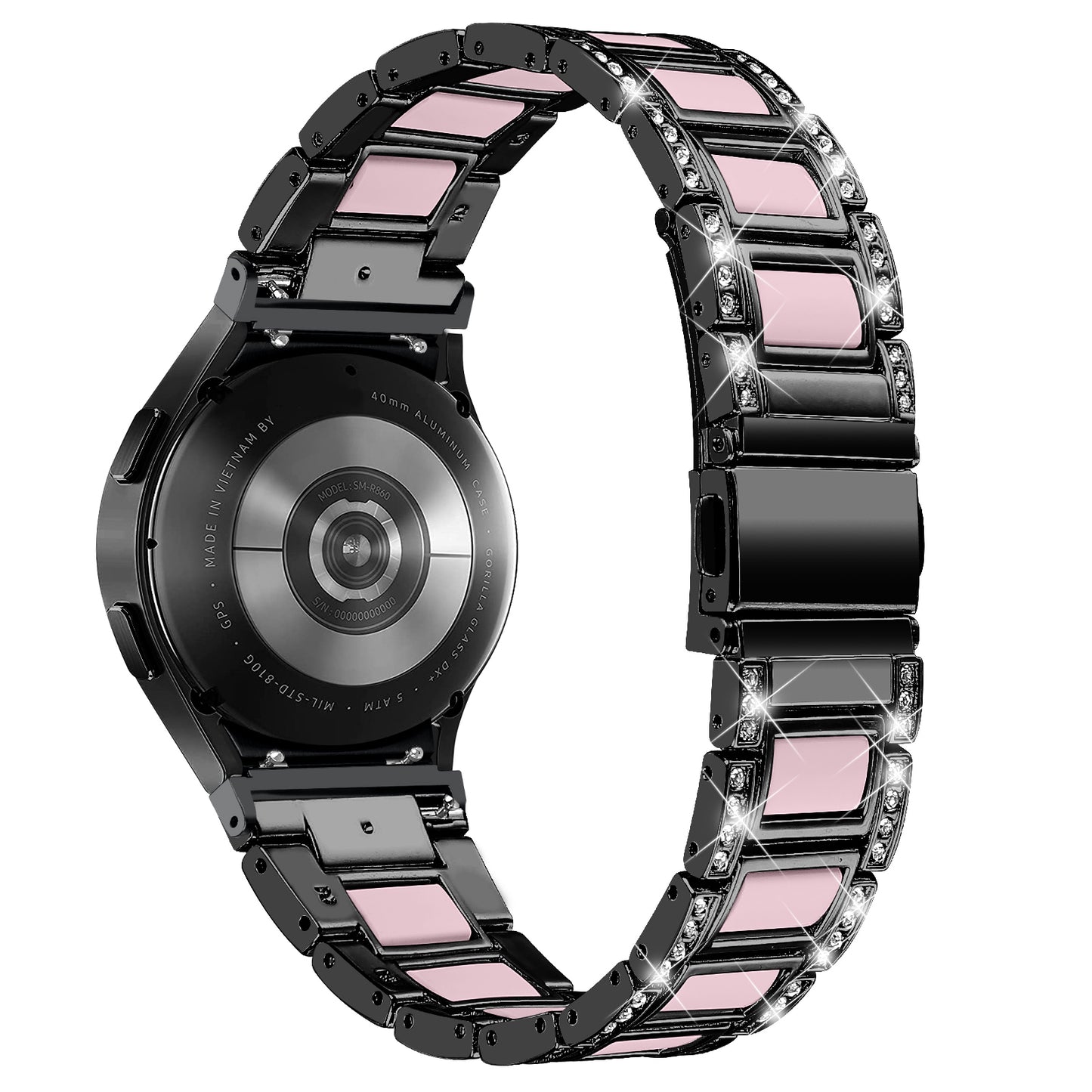 for Samsung Galaxy Watch4 Active 40mm/44mm/Watch4 Classic 42mm/46mm Rhinestone Decor Stainless Steel Resin Watch Band with Watch Strap Adapter - Black/Pink