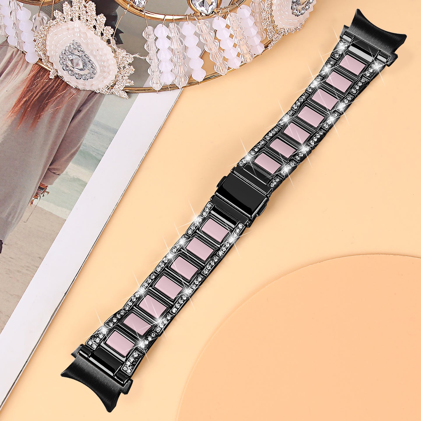for Samsung Galaxy Watch4 Active 40mm/44mm/Watch4 Classic 42mm/46mm Rhinestone Decor Stainless Steel Resin Watch Band with Watch Strap Adapter - Black/Pink