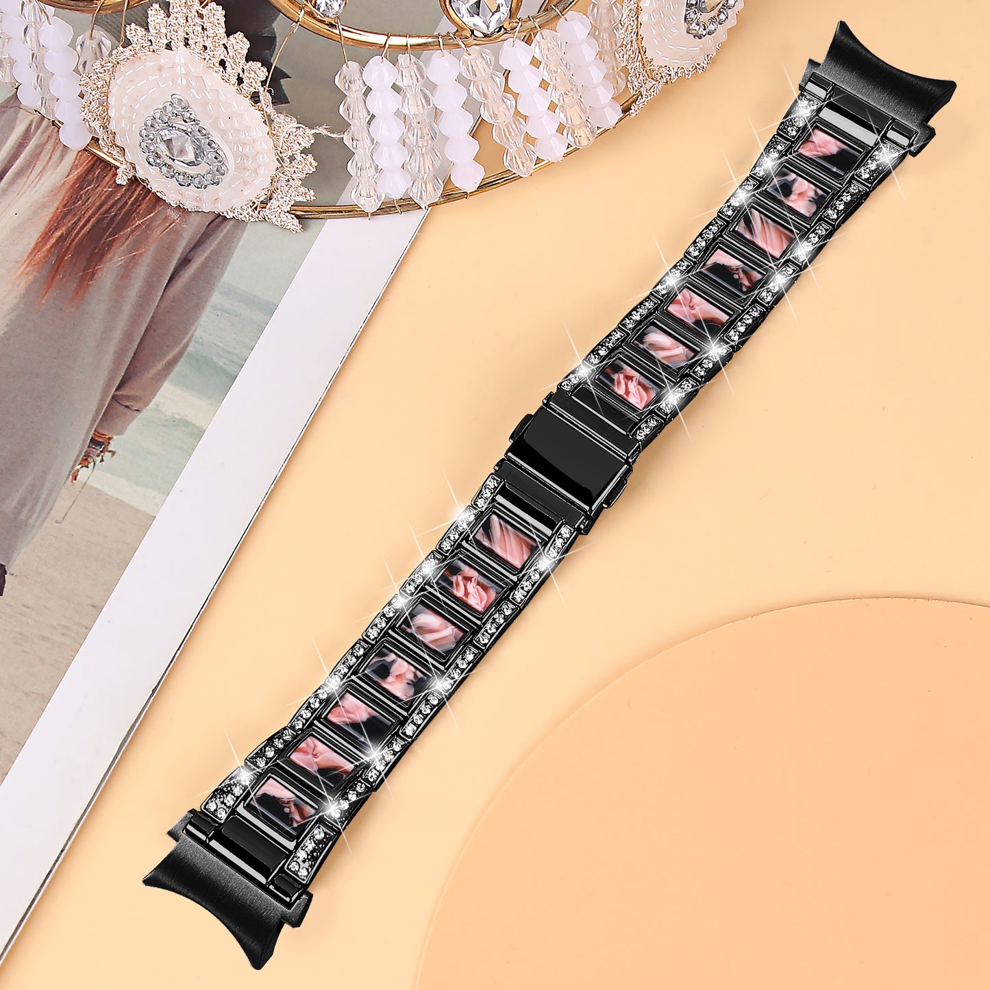 for Samsung Galaxy Watch4 Active 40mm/44mm/Watch4 Classic 42mm/46mm Rhinestone Decor Stainless Steel Resin Watch Band with Watch Strap Adapter - Black/Black Pink Mix