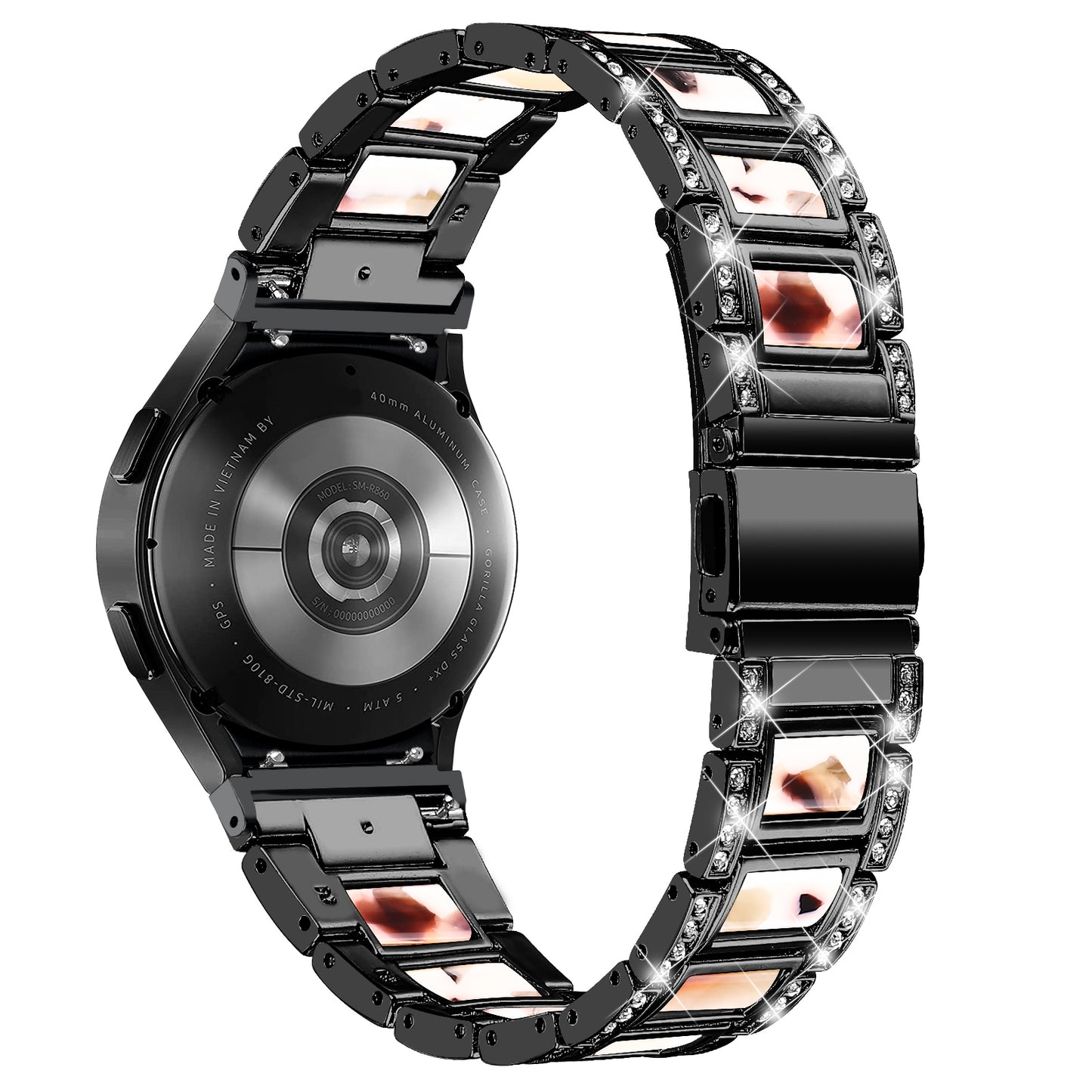 for Samsung Galaxy Watch4 Active 40mm/44mm/Watch4 Classic 42mm/46mm Rhinestone Decor Stainless Steel Resin Watch Band with Watch Strap Adapter - Black/Nougat Pattern