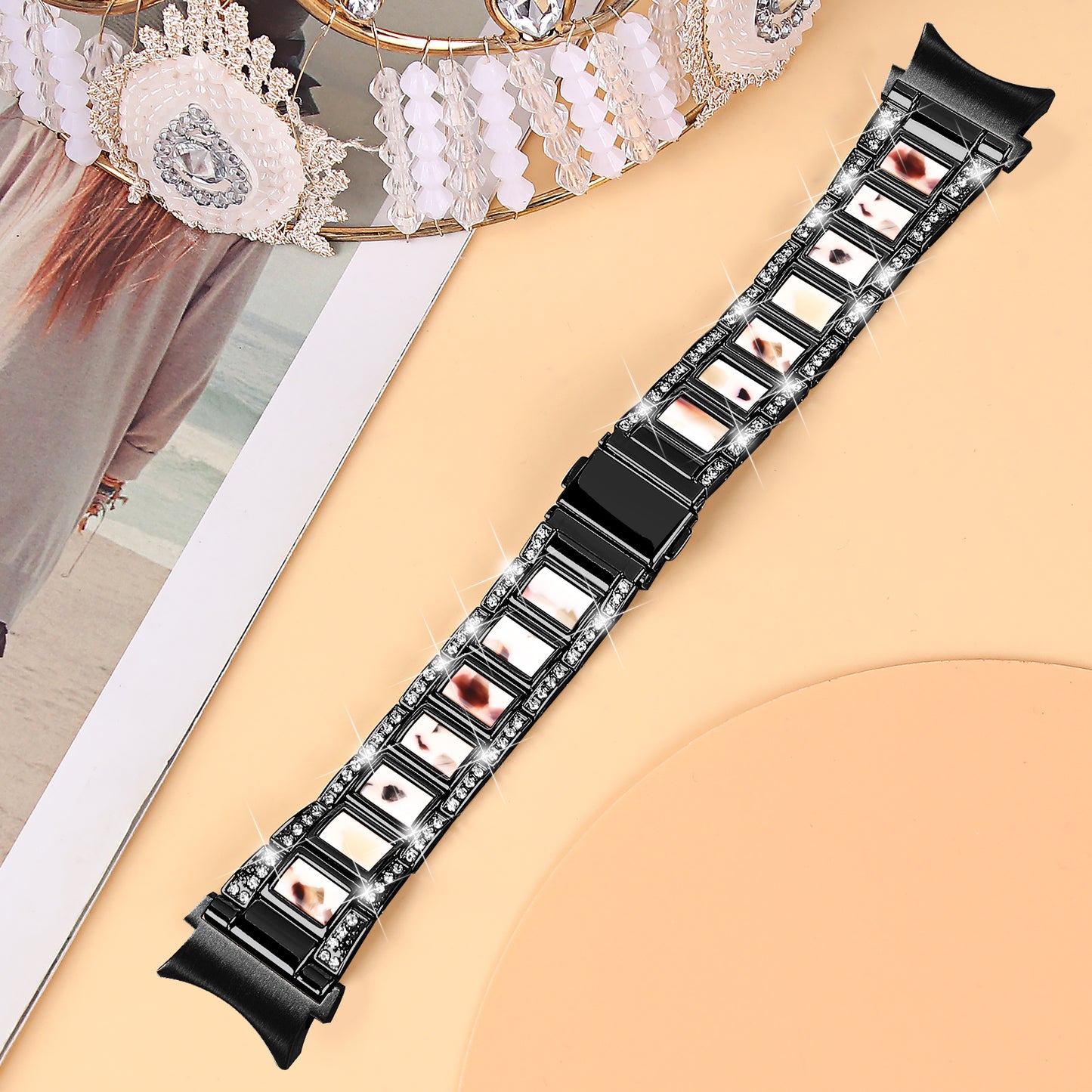 for Samsung Galaxy Watch4 Active 40mm/44mm/Watch4 Classic 42mm/46mm Rhinestone Decor Stainless Steel Resin Watch Band with Watch Strap Adapter - Black/Nougat Pattern