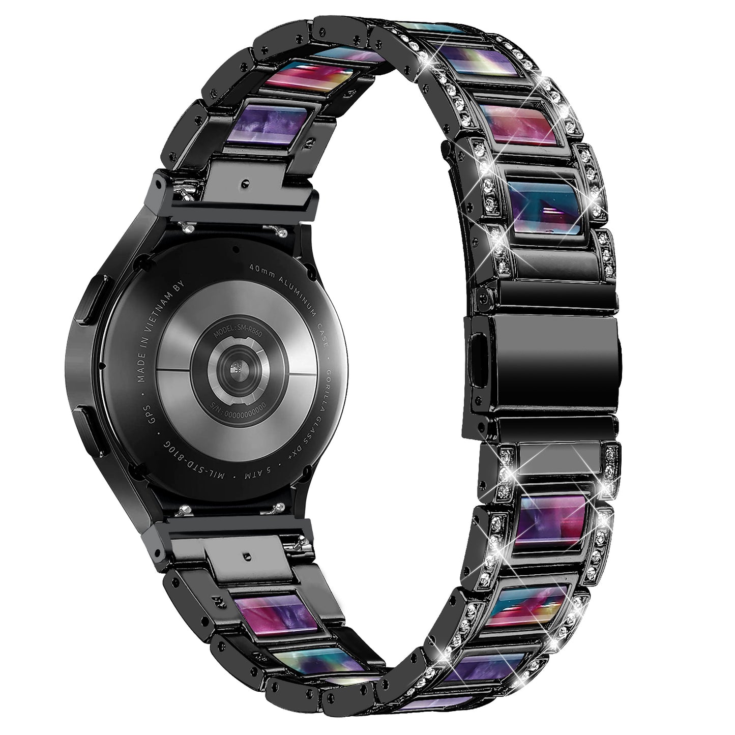 for Samsung Galaxy Watch4 Active 40mm/44mm/Watch4 Classic 42mm/46mm Rhinestone Decor Stainless Steel Resin Watch Band with Watch Strap Adapter - Black/Purple Green Mix