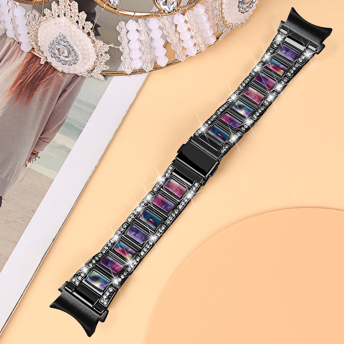 for Samsung Galaxy Watch4 Active 40mm/44mm/Watch4 Classic 42mm/46mm Rhinestone Decor Stainless Steel Resin Watch Band with Watch Strap Adapter - Black/Purple Green Mix