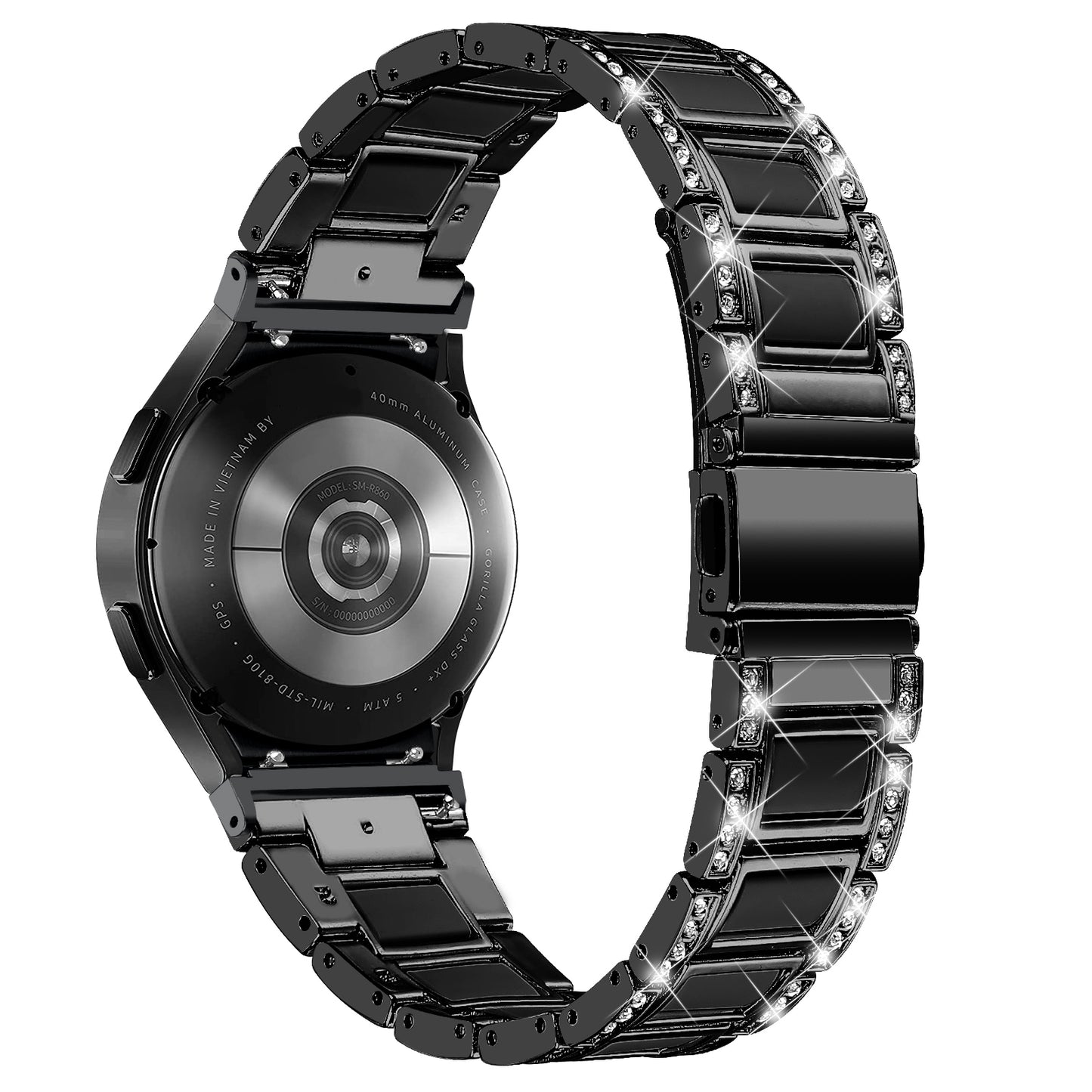 for Samsung Galaxy Watch4 Active 40mm/44mm/Watch4 Classic 42mm/46mm Rhinestone Decor Stainless Steel Resin Watch Band with Watch Strap Adapter - Black/Black