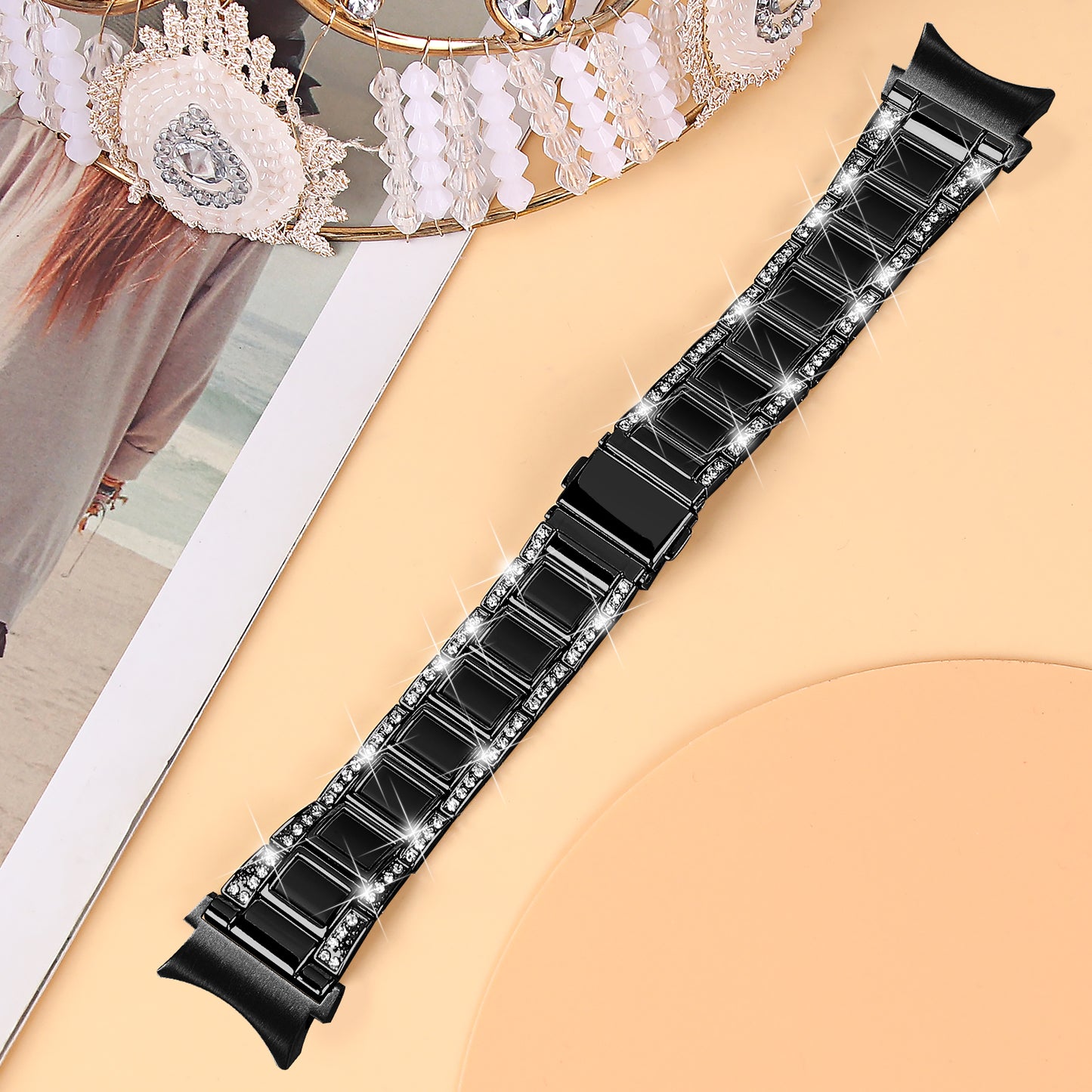 for Samsung Galaxy Watch4 Active 40mm/44mm/Watch4 Classic 42mm/46mm Rhinestone Decor Stainless Steel Resin Watch Band with Watch Strap Adapter - Black/Black