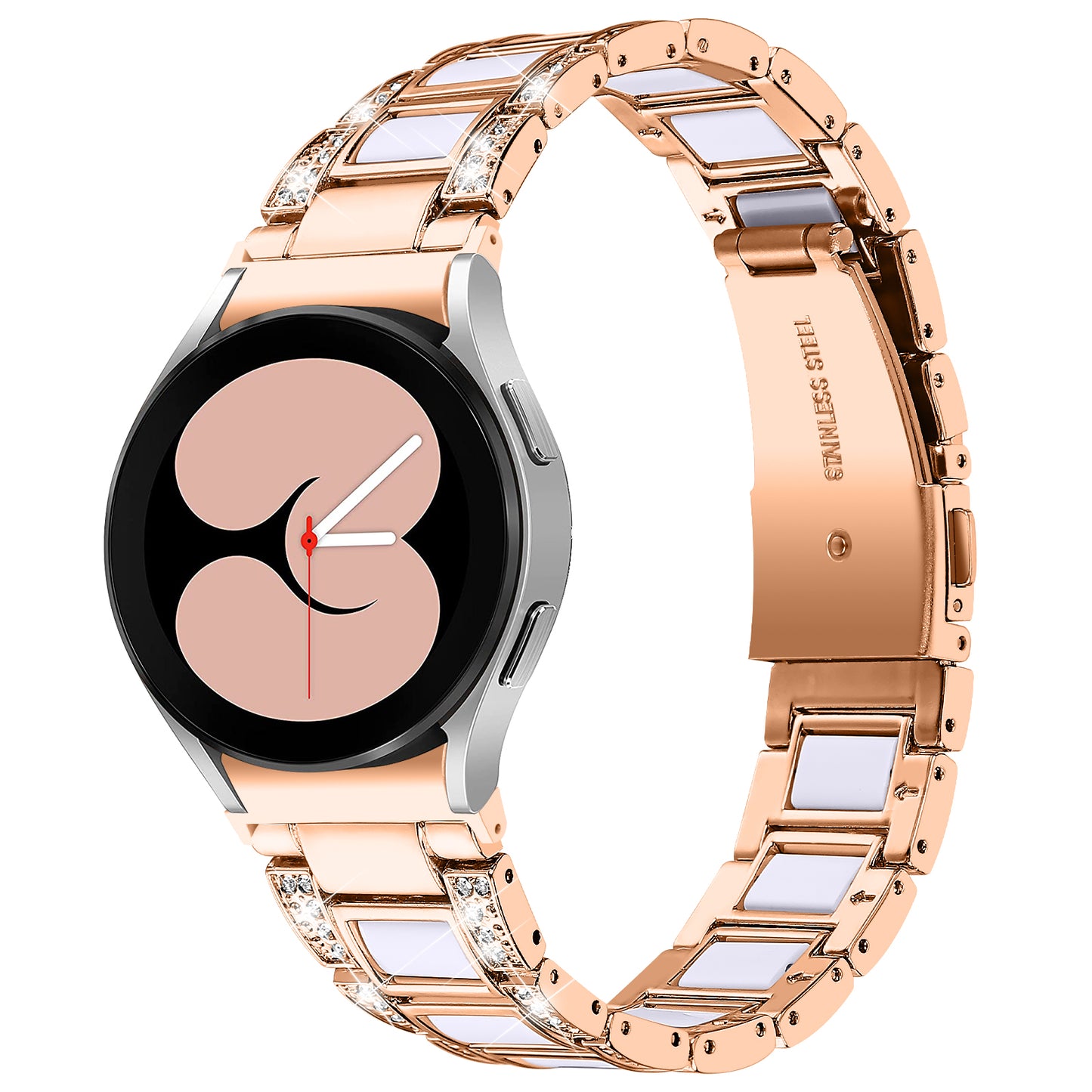 for Samsung Galaxy Watch4 Active 40mm/44mm/Watch4 Classic 42mm/46mm Rhinestone Decor Stainless Steel Resin Watch Band with Watch Strap Adapter - Rose Gold/White