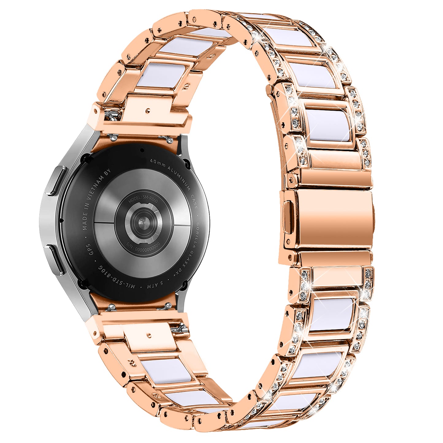 for Samsung Galaxy Watch4 Active 40mm/44mm/Watch4 Classic 42mm/46mm Rhinestone Decor Stainless Steel Resin Watch Band with Watch Strap Adapter - Rose Gold/White