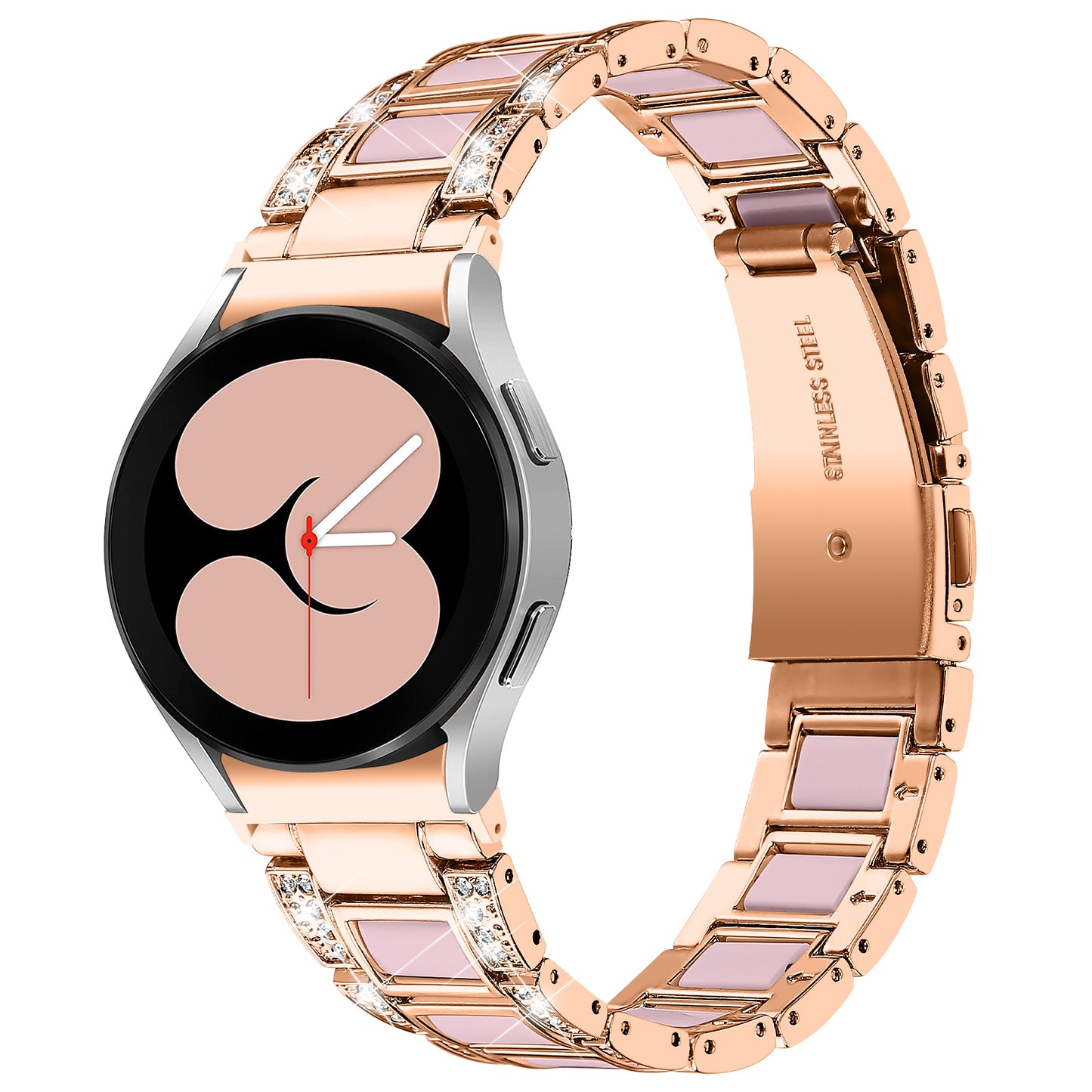 for Samsung Galaxy Watch4 Active 40mm/44mm/Watch4 Classic 42mm/46mm Rhinestone Decor Stainless Steel Resin Watch Band with Watch Strap Adapter - Rose Gold/Pink