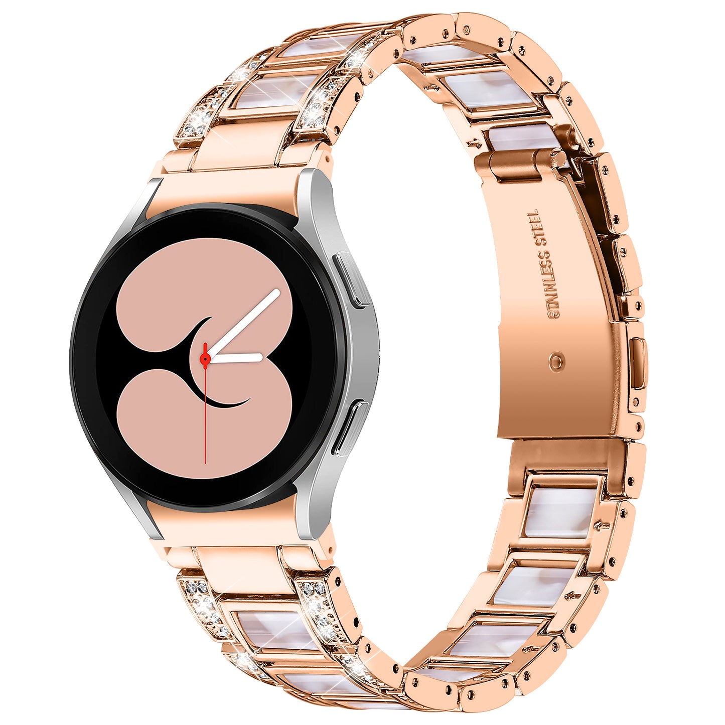 for Samsung Galaxy Watch4 Active 40mm/44mm/Watch4 Classic 42mm/46mm Rhinestone Decor Stainless Steel Resin Watch Band with Watch Strap Adapter - Rose Gold/Pink Mix