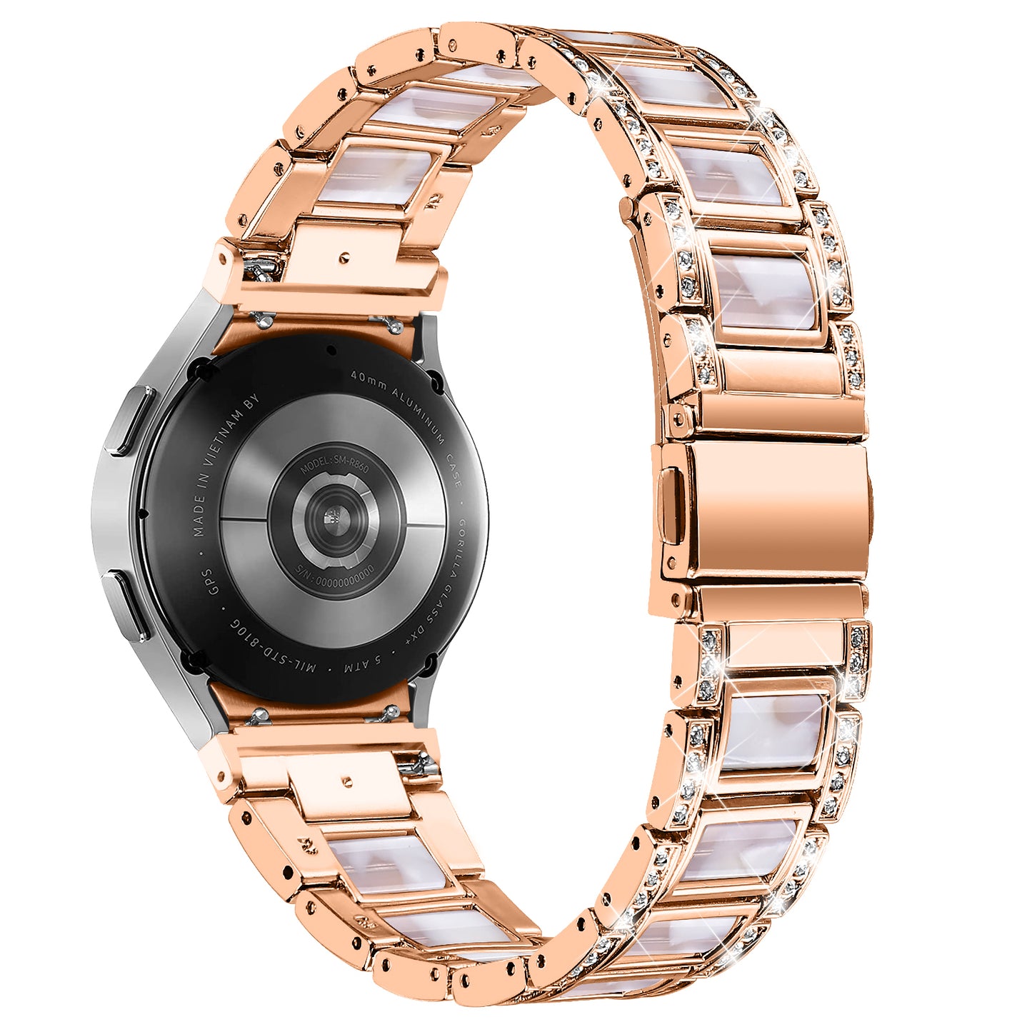 for Samsung Galaxy Watch4 Active 40mm/44mm/Watch4 Classic 42mm/46mm Rhinestone Decor Stainless Steel Resin Watch Band with Watch Strap Adapter - Rose Gold/Pink Mix