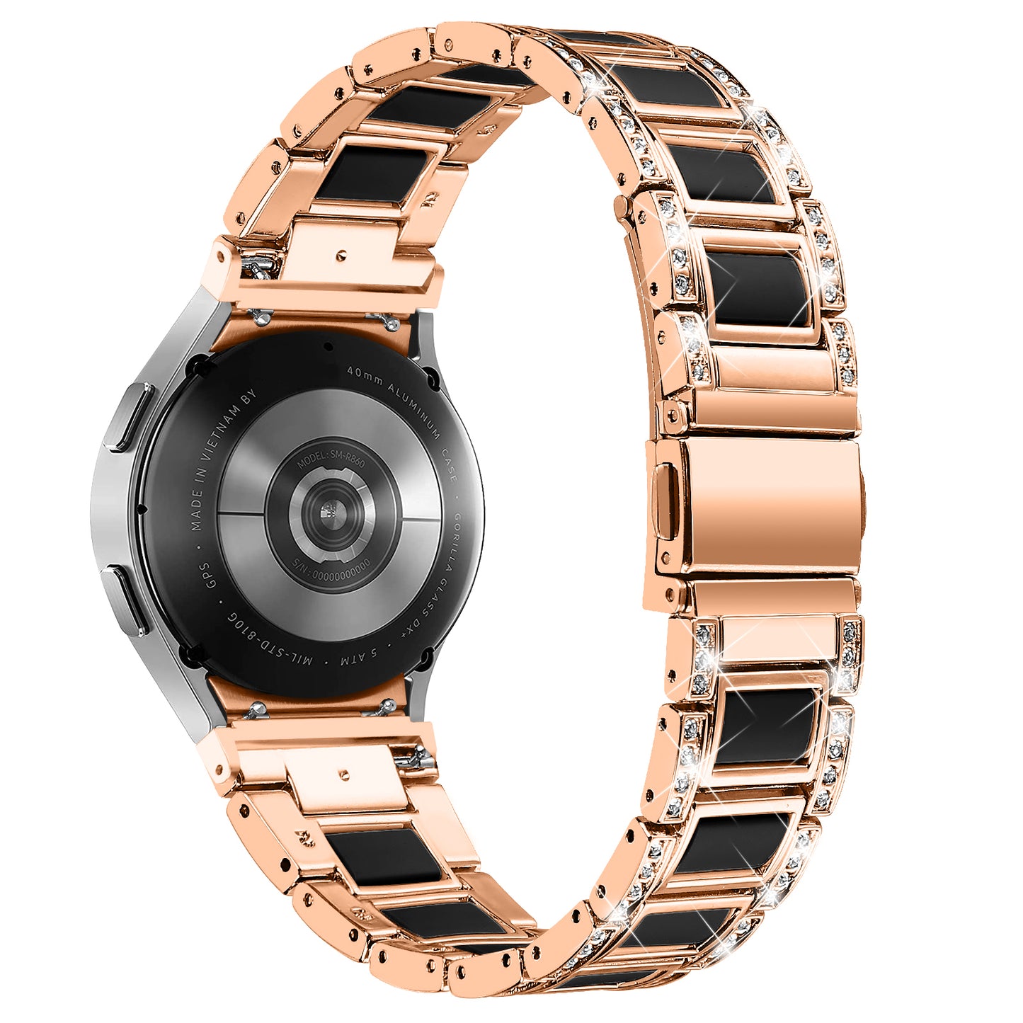 for Samsung Galaxy Watch4 Active 40mm/44mm/Watch4 Classic 42mm/46mm Rhinestone Decor Stainless Steel Resin Watch Band with Watch Strap Adapter - Rose Gold/Black