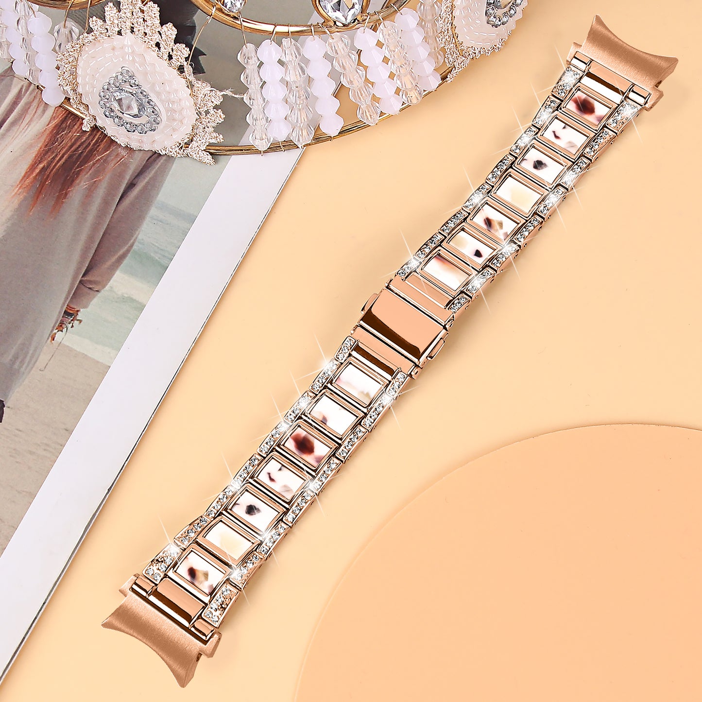 for Samsung Galaxy Watch4 Active 40mm/44mm/Watch4 Classic 42mm/46mm Rhinestone Decor Stainless Steel Resin Watch Band with Watch Strap Adapter - Rose Gold/Nougat Pattern