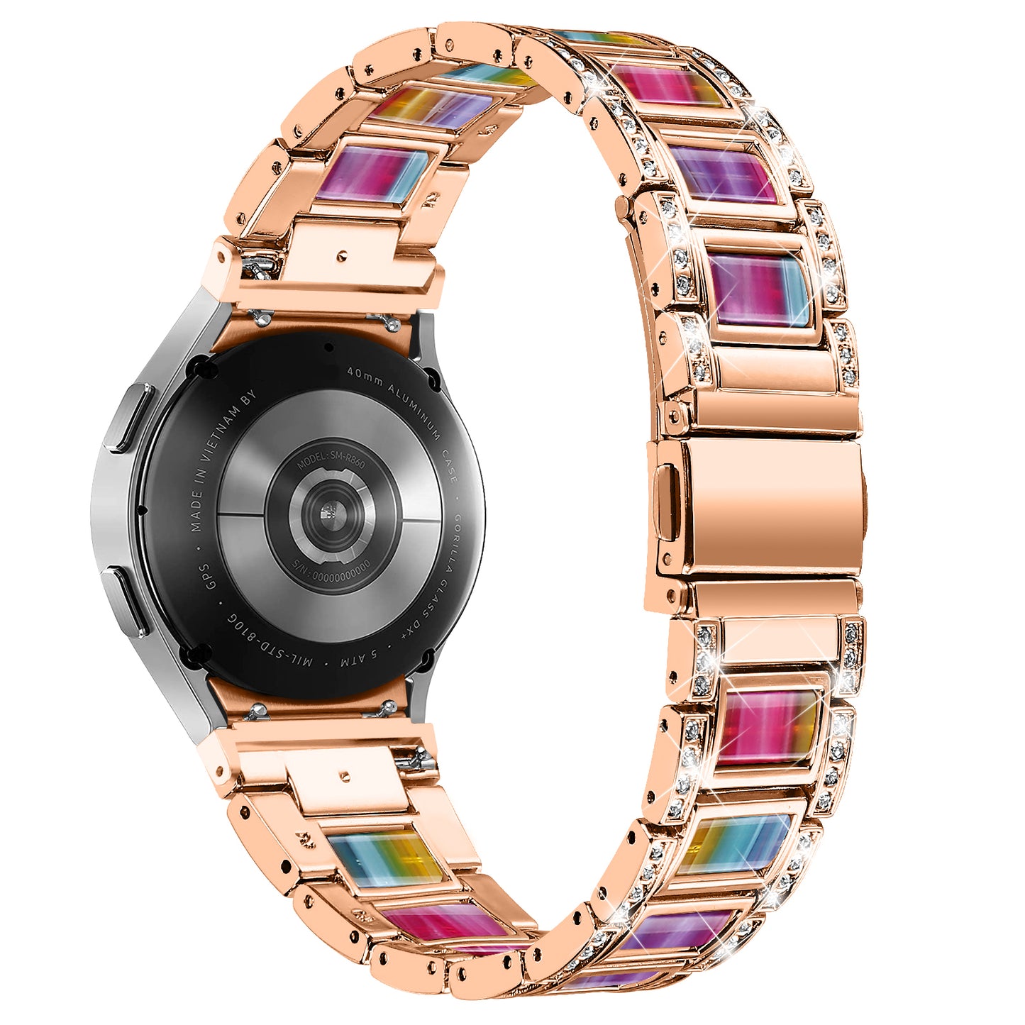 for Samsung Galaxy Watch4 Active 40mm/44mm/Watch4 Classic 42mm/46mm Rhinestone Decor Stainless Steel Resin Watch Band with Watch Strap Adapter - Rose Gold/Purple Green Mix