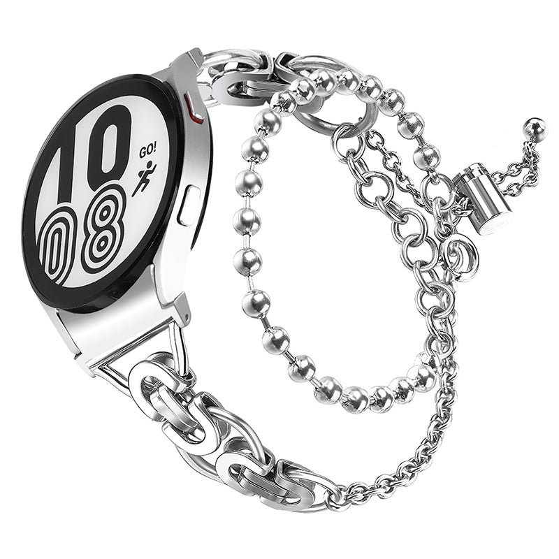 for Samsung Galaxy Watch4 Active 40mm 44mm/Watch4 Classic 46mm 42mm Stainless Steel Bead Decor Dual Circle Watch Band Bracelet Wristband Strap - Silver