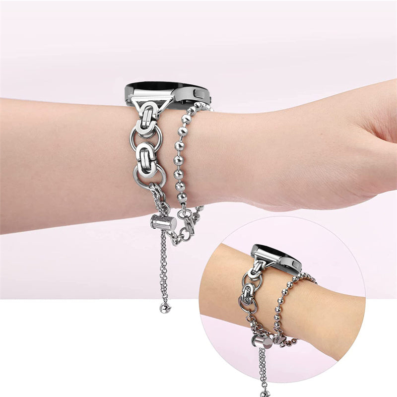 for Samsung Galaxy Watch4 Active 40mm 44mm/Watch4 Classic 46mm 42mm Stainless Steel Bead Decor Dual Circle Watch Band Bracelet Wristband Strap - Silver