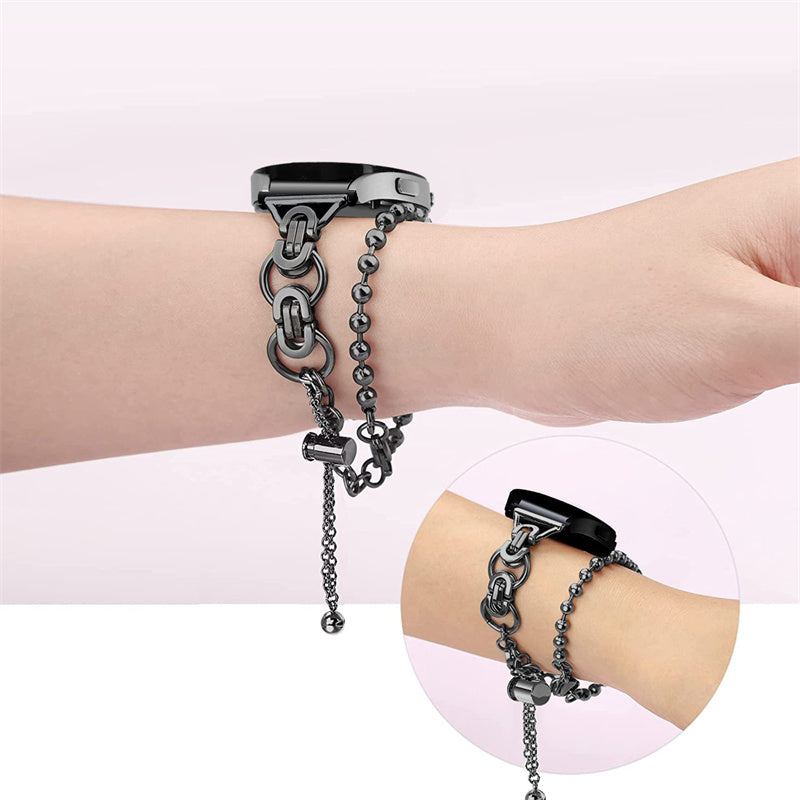 for Samsung Galaxy Watch4 Active 40mm 44mm/Watch4 Classic 46mm 42mm Stylish Bead Decor Dual Circle Watch Band Stainless Steel Bracelet Wristband Strap - Black
