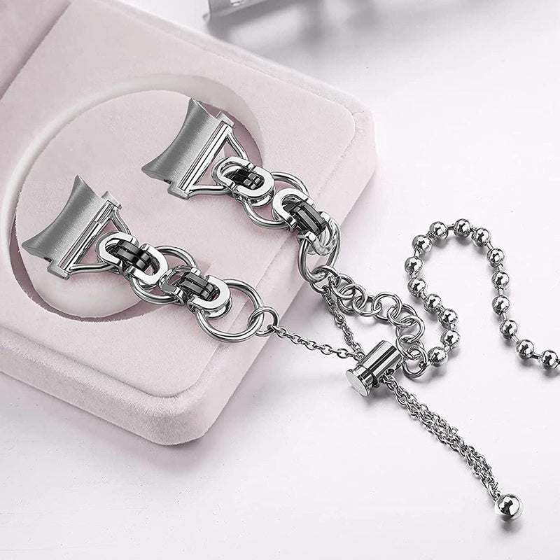 for Samsung Galaxy Watch4 Active 40mm 44mm/Watch4 Classic 46mm 42mm Stylish Bead Decor Dual Circle Watch Band Stainless Steel Bracelet Wristband Strap - Silver and Black