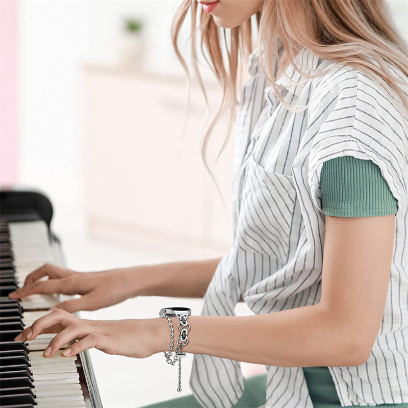 for Samsung Galaxy Watch4 Active 40mm 44mm/Watch4 Classic 46mm 42mm Stylish Bead Decor Dual Circle Watch Band Stainless Steel Bracelet Wristband Strap - Silver and Black