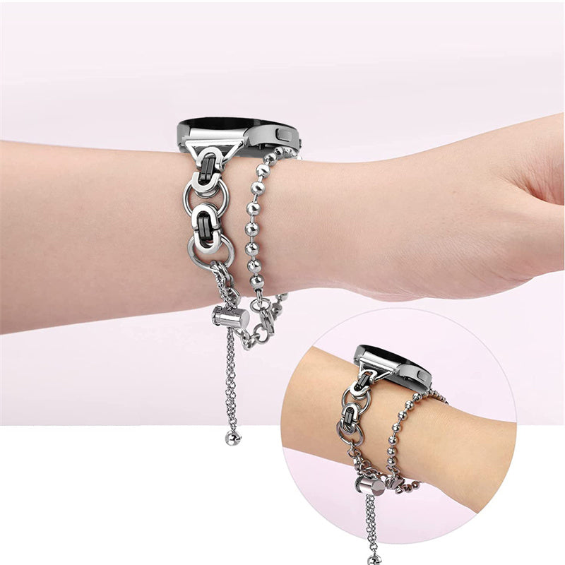 for Samsung Galaxy Watch4 Active 40mm 44mm/Watch4 Classic 46mm 42mm Stylish Bead Decor Dual Circle Watch Band Stainless Steel Bracelet Wristband Strap - Silver and Black