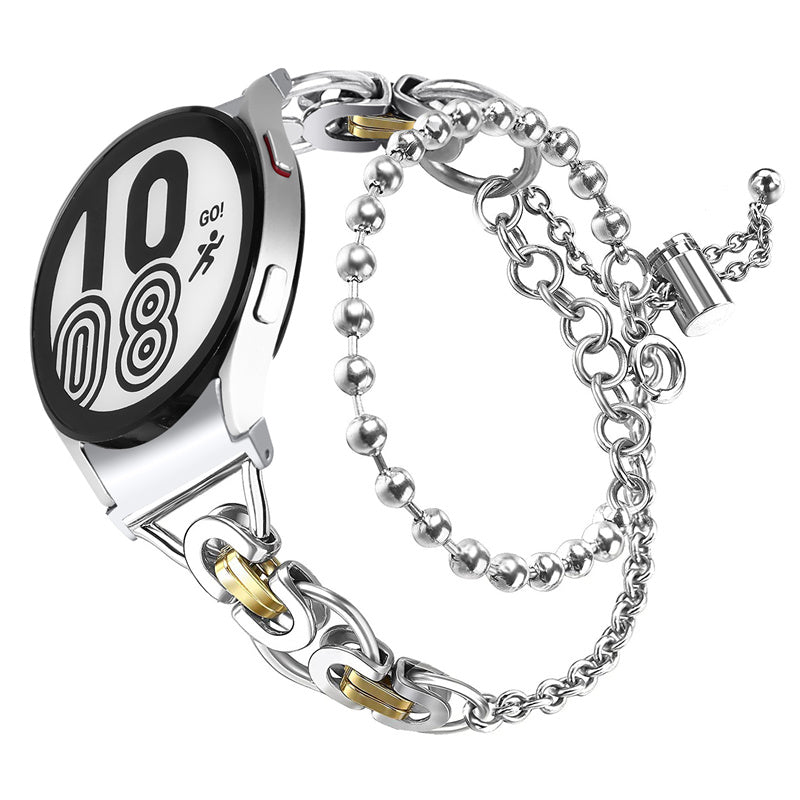 for Samsung Galaxy Watch4 Active 40mm 44mm/Watch4 Classic 46mm 42mm Stylish Bead Decor Dual Circle Watch Band Stainless Steel Bracelet Wristband Strap - Silver and Gold