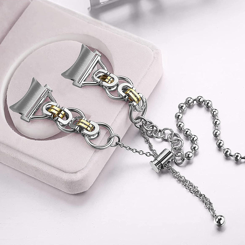 for Samsung Galaxy Watch4 Active 40mm 44mm/Watch4 Classic 46mm 42mm Stylish Bead Decor Dual Circle Watch Band Stainless Steel Bracelet Wristband Strap - Silver and Gold