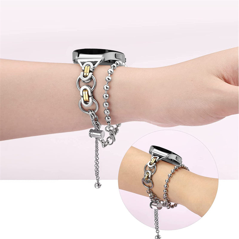 for Samsung Galaxy Watch4 Active 40mm 44mm/Watch4 Classic 46mm 42mm Stylish Bead Decor Dual Circle Watch Band Stainless Steel Bracelet Wristband Strap - Silver and Gold
