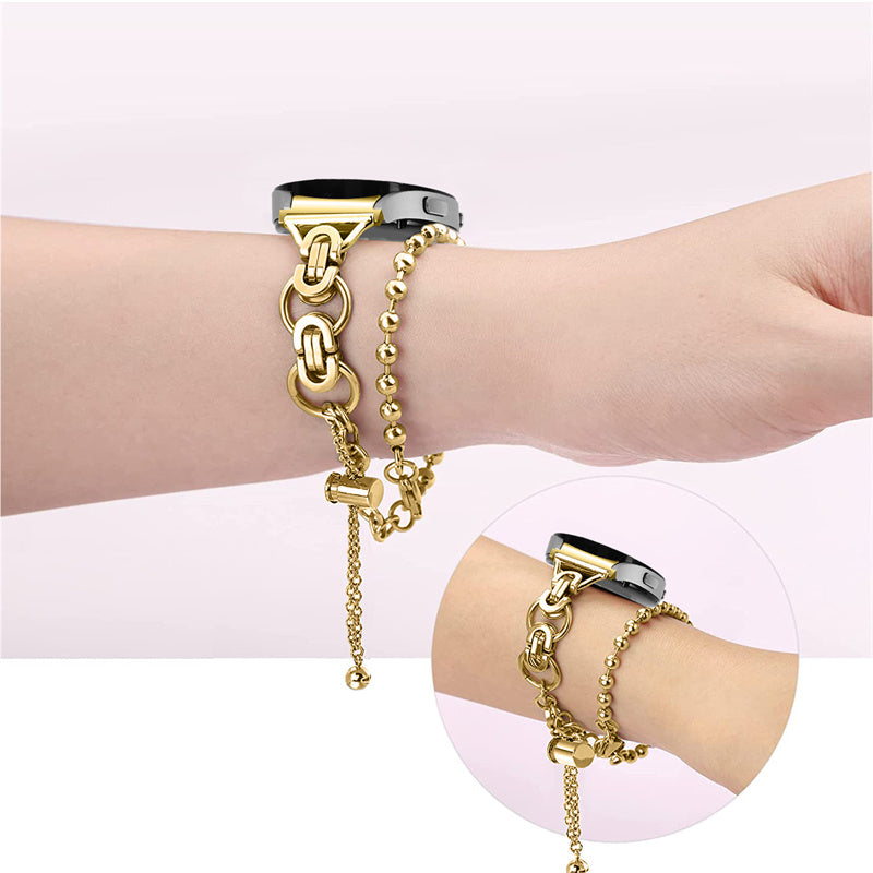 for Samsung Galaxy Watch4 Active 40mm 44mm/Watch4 Classic 46mm 42mm Stylish Bead Decor Dual Circle Watch Band Stainless Steel Bracelet Wristband Strap - Gold