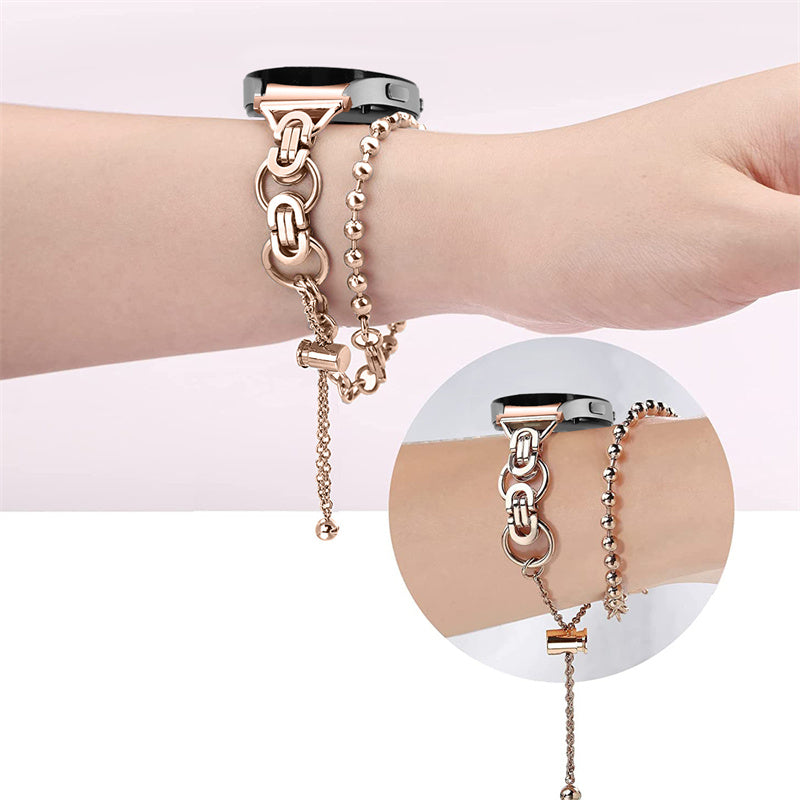 for Samsung Galaxy Watch4 Active 40mm 44mm/Watch4 Classic 46mm 42mm Stylish Bead Decor Dual Circle Watch Band Stainless Steel Bracelet Wristband Strap - Rose Gold