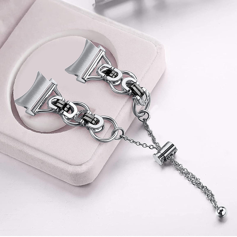 for Samsung Galaxy Watch4 Active 40mm 44mm/Watch4 Classic 46mm 42mm Bracelet Wrist Strap Stainless Steel Bead Decor Smart Watch Band - Silver and Black