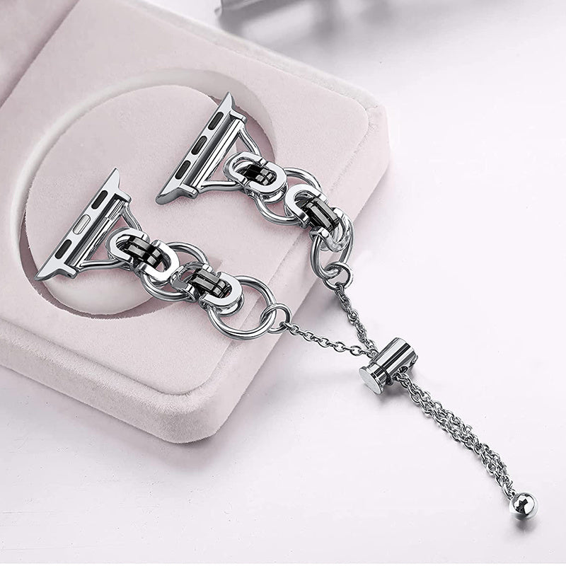 for Apple Watch Series 1 / 2 / 3 42mm / SE 44mm / SE (2022) 44mm / Series 4 / 5 / 6 44mm / Series 7 45mm / Series 8 45mm Stylish Hollow Out Smart Watch Band Stainless Steel Bracelet - Silver and Black