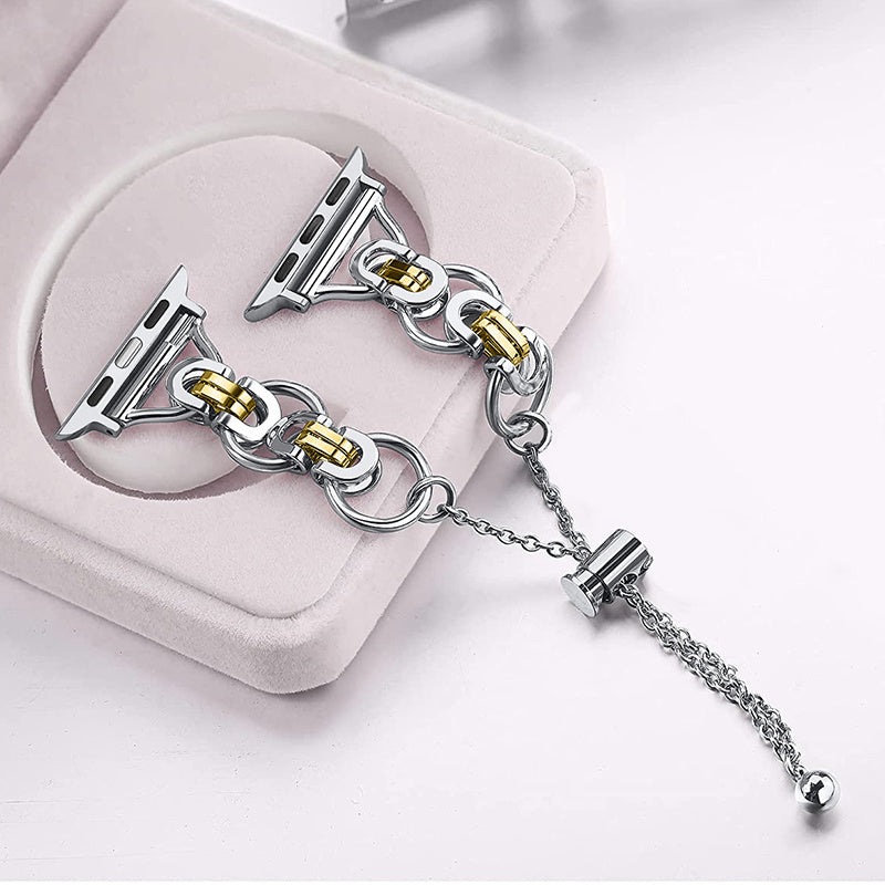 for Apple Watch Series 1 / 2 / 3 42mm / SE 44mm / SE (2022) 44mm / Series 4 / 5 / 6 44mm / Series 7 45mm / Series 8 45mm Stylish Hollow Out Smart Watch Band Stainless Steel Bracelet - Silver and Gold