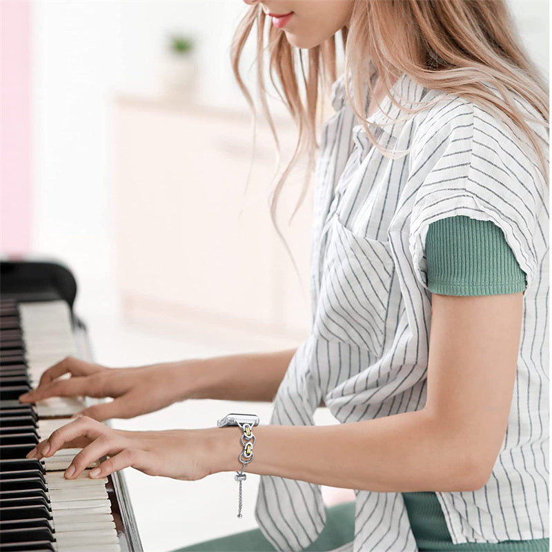 for Apple Watch Series 1 / 2 / 3 42mm / SE 44mm / SE (2022) 44mm / Series 4 / 5 / 6 44mm / Series 7 45mm / Series 8 45mm Stylish Hollow Out Smart Watch Band Stainless Steel Bracelet - Silver and Gold