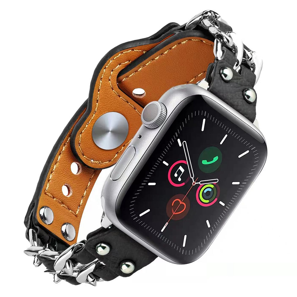 for Apple Watch Ultra 49mm / Series 8 45mm / Series 7 45mm / SE 44mm / SE (2022) 44mm / Series 4 / 5 / 6 44mm / Series 1 / 2 / 3 42mm Top Layer Cowhide Leather Metal Chain Watch Band Wrist Strap - Black