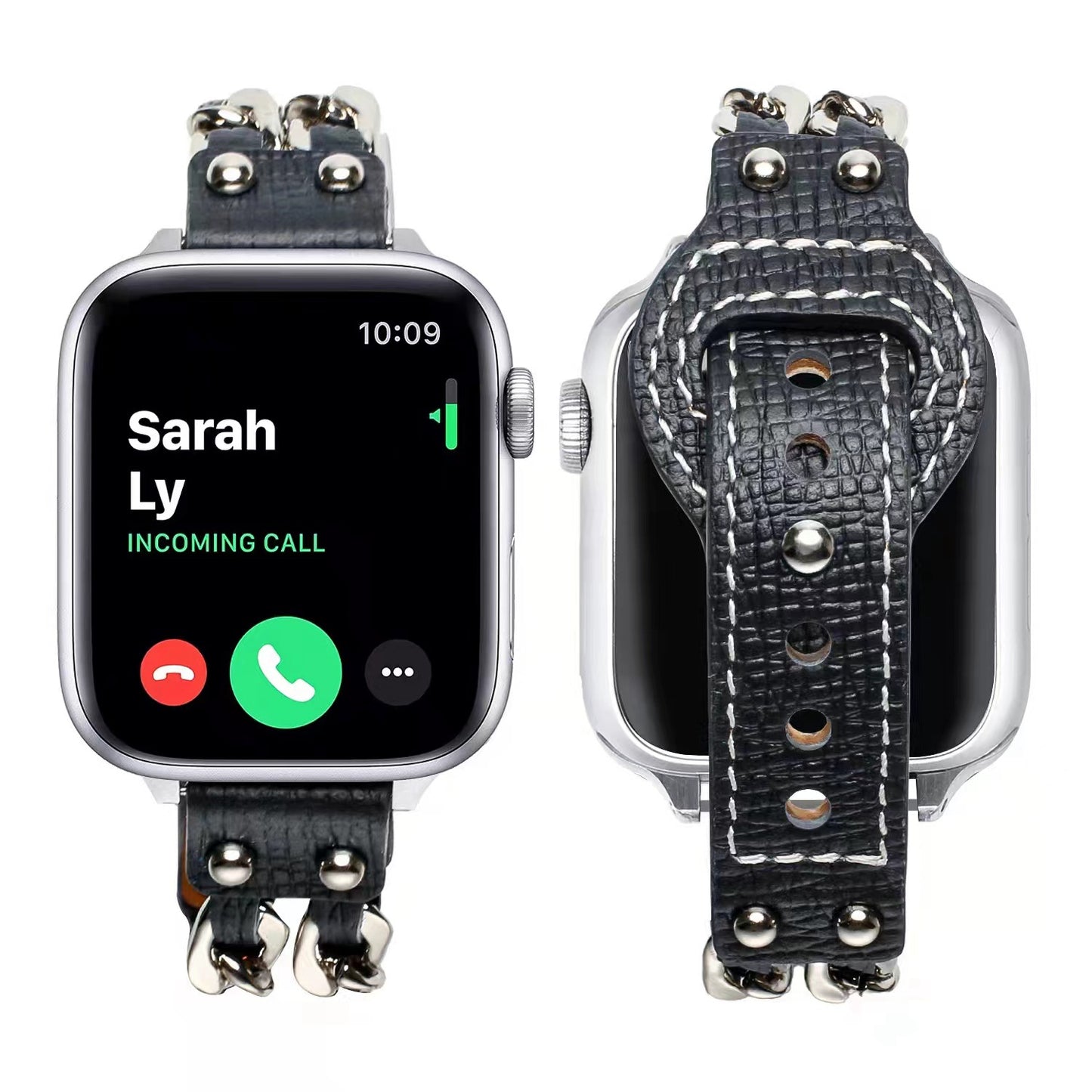 for Apple Watch Ultra 49mm / Series 8 45mm / Series 7 45mm / SE 44mm / SE (2022) 44mm / Series 4 / 5 / 6 44mm / Series 1 / 2 / 3 42mm Top Layer Cowhide Leather Metal Chain Watch Band Wrist Strap - Black