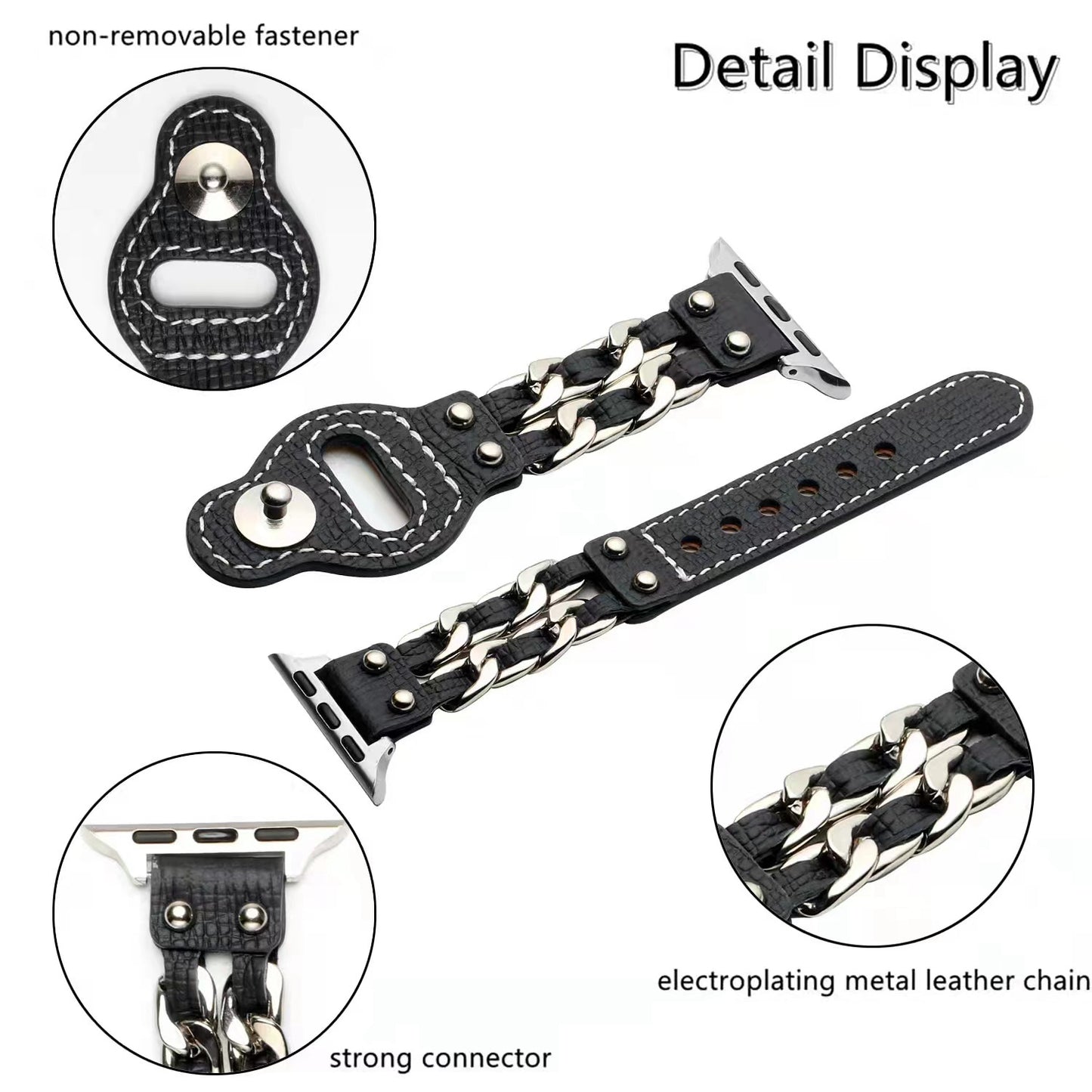 for Apple Watch Ultra 49mm / Series 8 45mm / Series 7 45mm / SE 44mm / SE (2022) 44mm / Series 4 / 5 / 6 44mm / Series 1 / 2 / 3 42mm Top Layer Cowhide Leather Metal Chain Watch Band Wrist Strap - Black