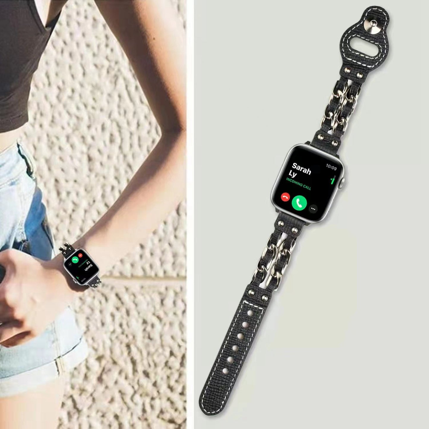 for Apple Watch Ultra 49mm / Series 8 45mm / Series 7 45mm / SE 44mm / SE (2022) 44mm / Series 4 / 5 / 6 44mm / Series 1 / 2 / 3 42mm Top Layer Cowhide Leather Metal Chain Watch Band Wrist Strap - Black