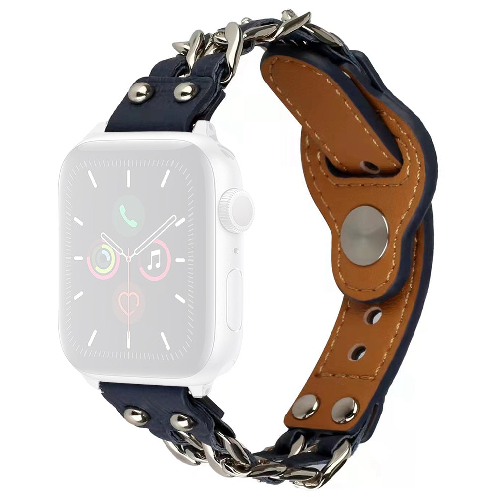 for Apple Watch Ultra 49mm / Series 8 45mm / Series 7 45mm / SE 44mm / SE (2022) 44mm / Series 4 / 5 / 6 44mm / Series 1 / 2 / 3 42mm Top Layer Cowhide Leather Metal Chain Watch Band Wrist Strap - Blue