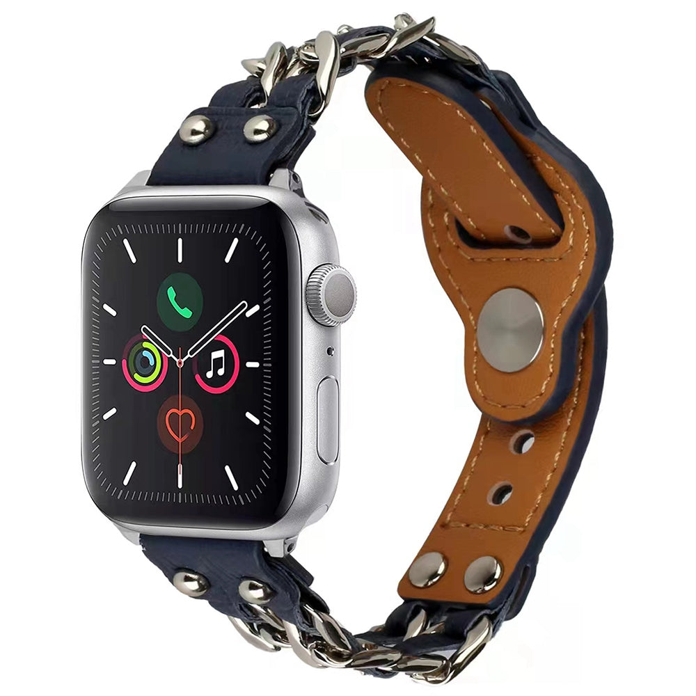 for Apple Watch Ultra 49mm / Series 8 45mm / Series 7 45mm / SE 44mm / SE (2022) 44mm / Series 4 / 5 / 6 44mm / Series 1 / 2 / 3 42mm Top Layer Cowhide Leather Metal Chain Watch Band Wrist Strap - Blue