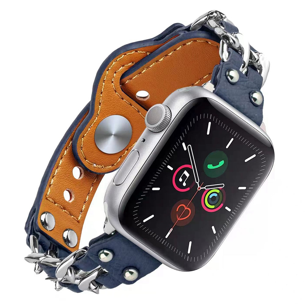 for Apple Watch Ultra 49mm / Series 8 45mm / Series 7 45mm / SE 44mm / SE (2022) 44mm / Series 4 / 5 / 6 44mm / Series 1 / 2 / 3 42mm Top Layer Cowhide Leather Metal Chain Watch Band Wrist Strap - Blue