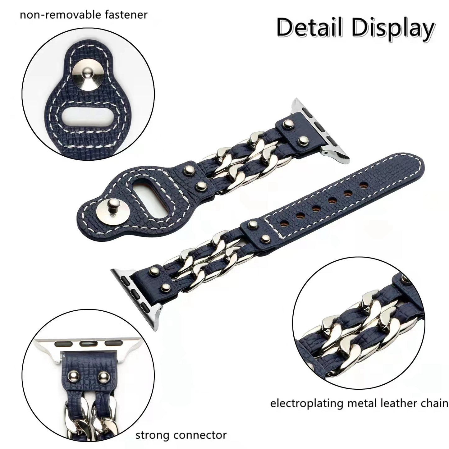 for Apple Watch Ultra 49mm / Series 8 45mm / Series 7 45mm / SE 44mm / SE (2022) 44mm / Series 4 / 5 / 6 44mm / Series 1 / 2 / 3 42mm Top Layer Cowhide Leather Metal Chain Watch Band Wrist Strap - Blue
