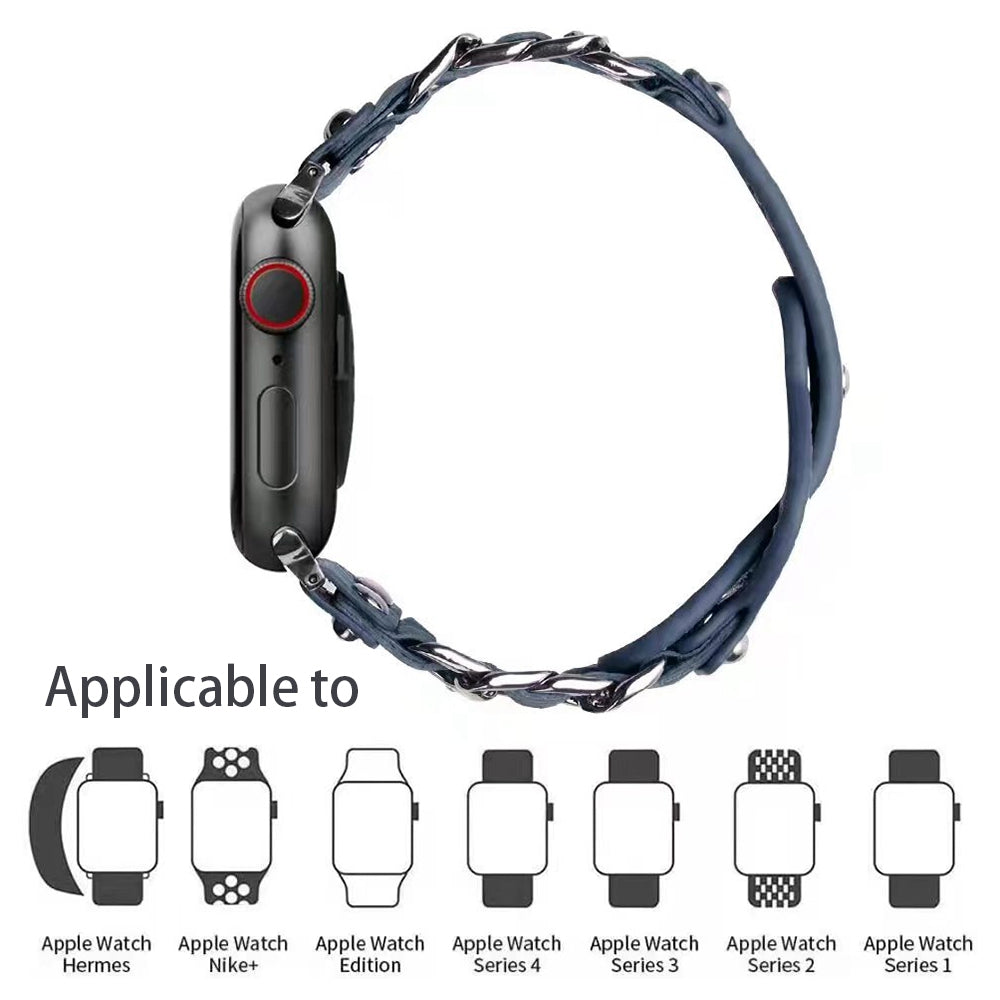 for Apple Watch Ultra 49mm / Series 8 45mm / Series 7 45mm / SE 44mm / SE (2022) 44mm / Series 4 / 5 / 6 44mm / Series 1 / 2 / 3 42mm Top Layer Cowhide Leather Metal Chain Watch Band Wrist Strap - Blue