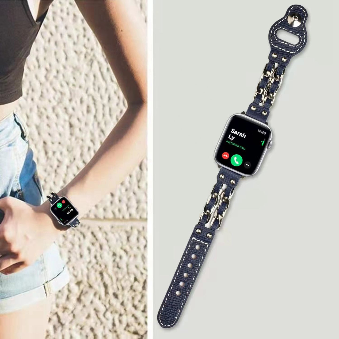 for Apple Watch Ultra 49mm / Series 8 45mm / Series 7 45mm / SE 44mm / SE (2022) 44mm / Series 4 / 5 / 6 44mm / Series 1 / 2 / 3 42mm Top Layer Cowhide Leather Metal Chain Watch Band Wrist Strap - Blue
