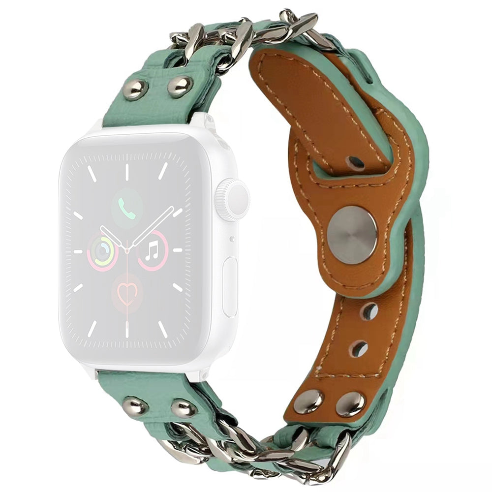 for Apple Watch Ultra 49mm / Series 8 45mm / Series 7 45mm / SE 44mm / SE (2022) 44mm / Series 4 / 5 / 6 44mm / Series 1 / 2 / 3 42mm Top Layer Cowhide Leather Metal Chain Watch Band Wrist Strap - Light Green