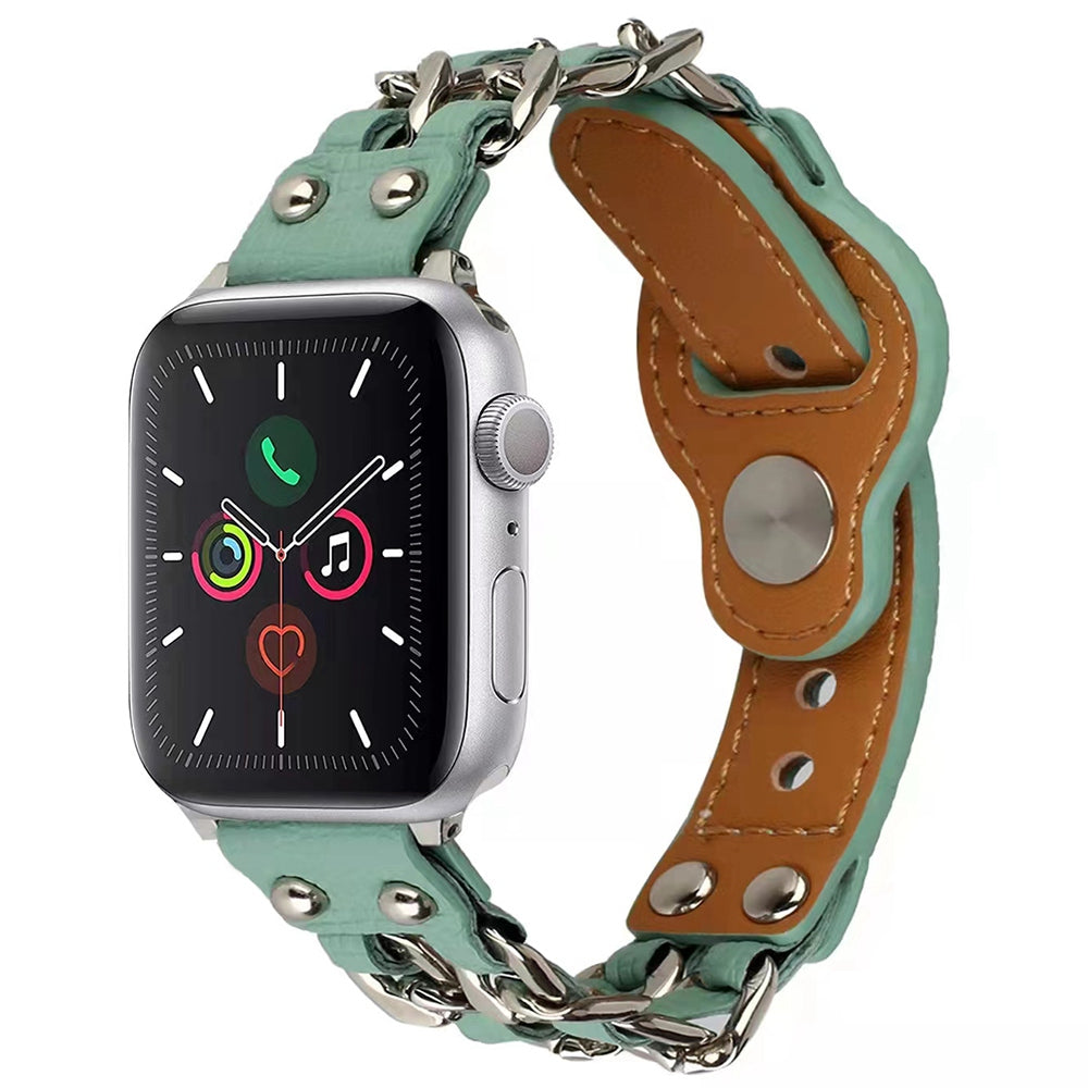 for Apple Watch Ultra 49mm / Series 8 45mm / Series 7 45mm / SE 44mm / SE (2022) 44mm / Series 4 / 5 / 6 44mm / Series 1 / 2 / 3 42mm Top Layer Cowhide Leather Metal Chain Watch Band Wrist Strap - Light Green