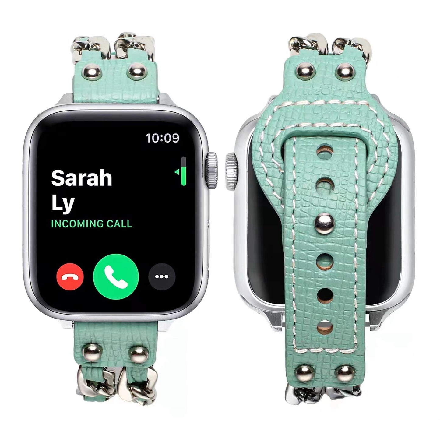 for Apple Watch Ultra 49mm / Series 8 45mm / Series 7 45mm / SE 44mm / SE (2022) 44mm / Series 4 / 5 / 6 44mm / Series 1 / 2 / 3 42mm Top Layer Cowhide Leather Metal Chain Watch Band Wrist Strap - Light Green